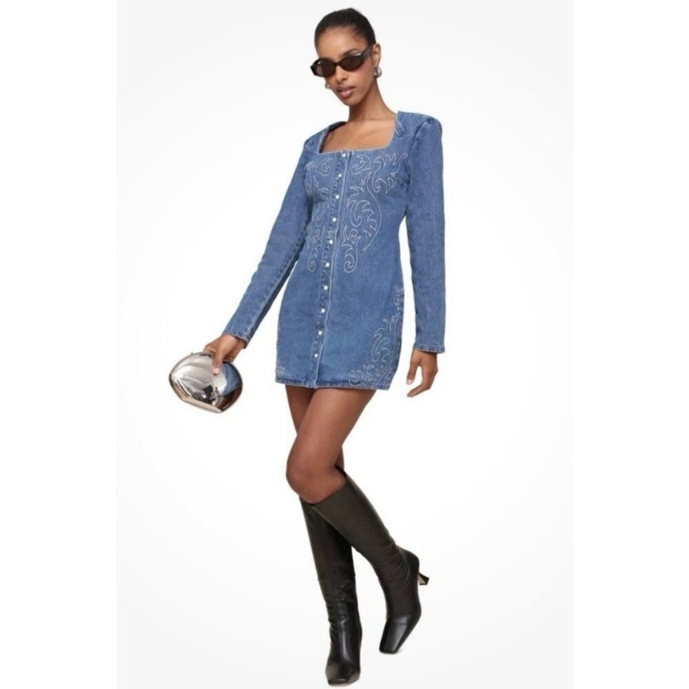 Dress - Avec Les Filles - Blue Denim - Western Boot-Like Embroidered Stitching - Picture 11 of 11